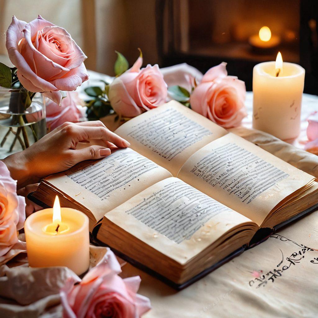 A serene scene depicting an open book filled with beautifully handwritten quotes about devotion and love, surrounded by soft petals of roses and a warm glowing candle. In the background, a silhouette of two hands reaching out to each other, symbolizing affection and passion. The overall atmosphere is tranquil and inviting, with soft pastel colors creating a sense of warmth. watercolor painting. soft focus. romantic vibe.