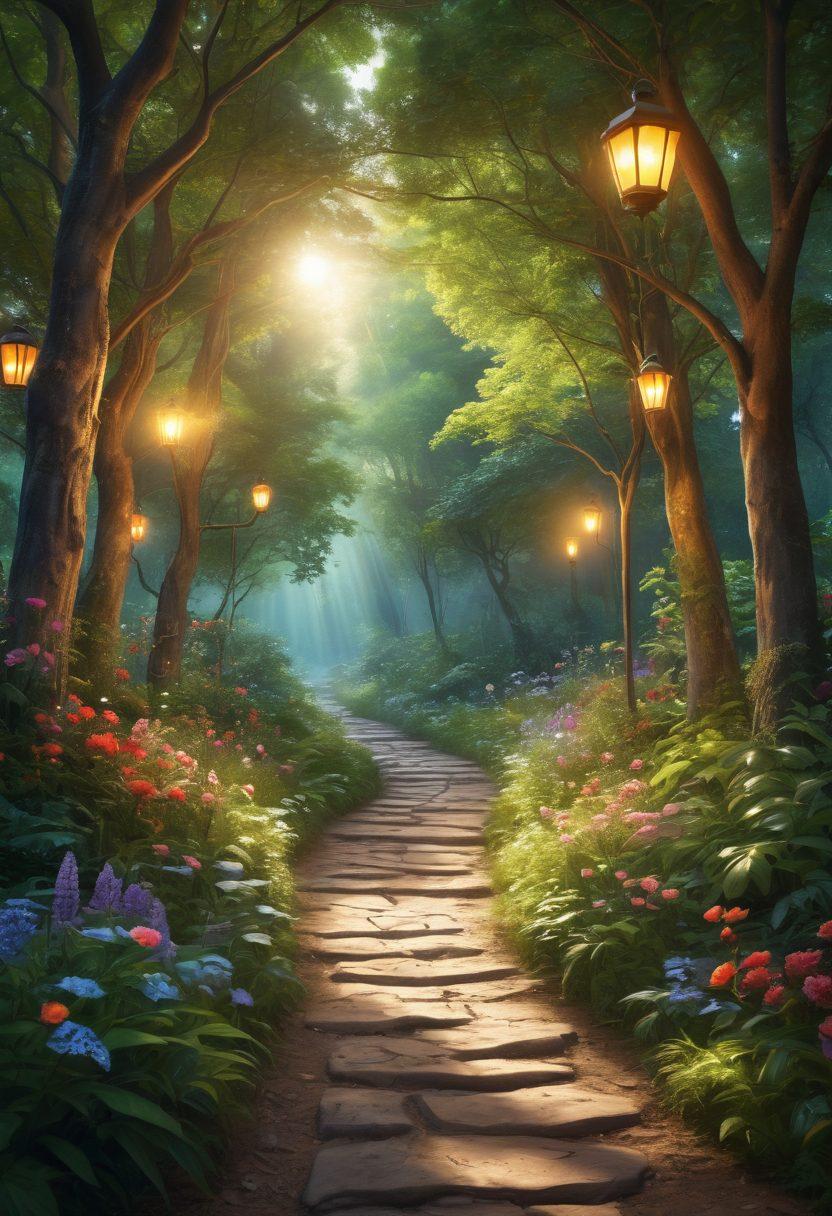 A winding path through a lush, enchanted forest, symbolizing the journey of love, with vibrant flowers and glowing heart-shaped lanterns hanging from the trees. Along the path, diverse couples of various ages and backgrounds share joyful moments, representing lasting romance. The atmosphere is warm and inviting, evoking a sense of hope and connection. Include soft rays of sunlight filtering through the foliage to enhance the magical feel. super-realistic. vibrant colors. dreamy ambiance.