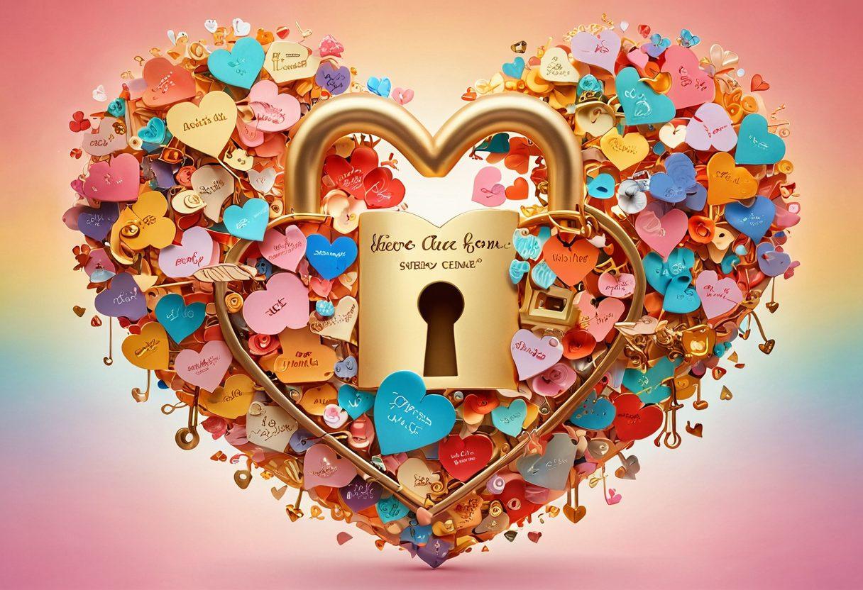 A whimsical heart-shaped lock being opened by a golden key, surrounded by floating quotes about love and vibrant illustrations of diverse couples sharing heartfelt moments. The background features a soft gradient of warm colors symbolizing affection. magical realism. vibrant colors. 3D.